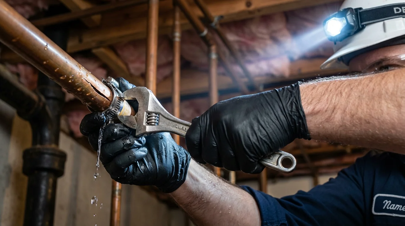 Emergency pipe clamp repair being performed by a Johns Plumbing LLC plumber in Coeburn