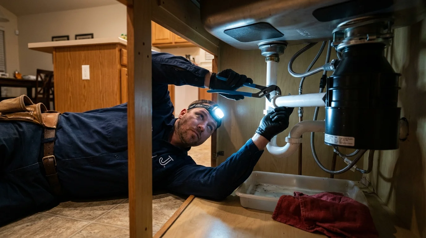 P-trap and supply line connections under a kitchen sink showing a common leak point in Coeburn, VA